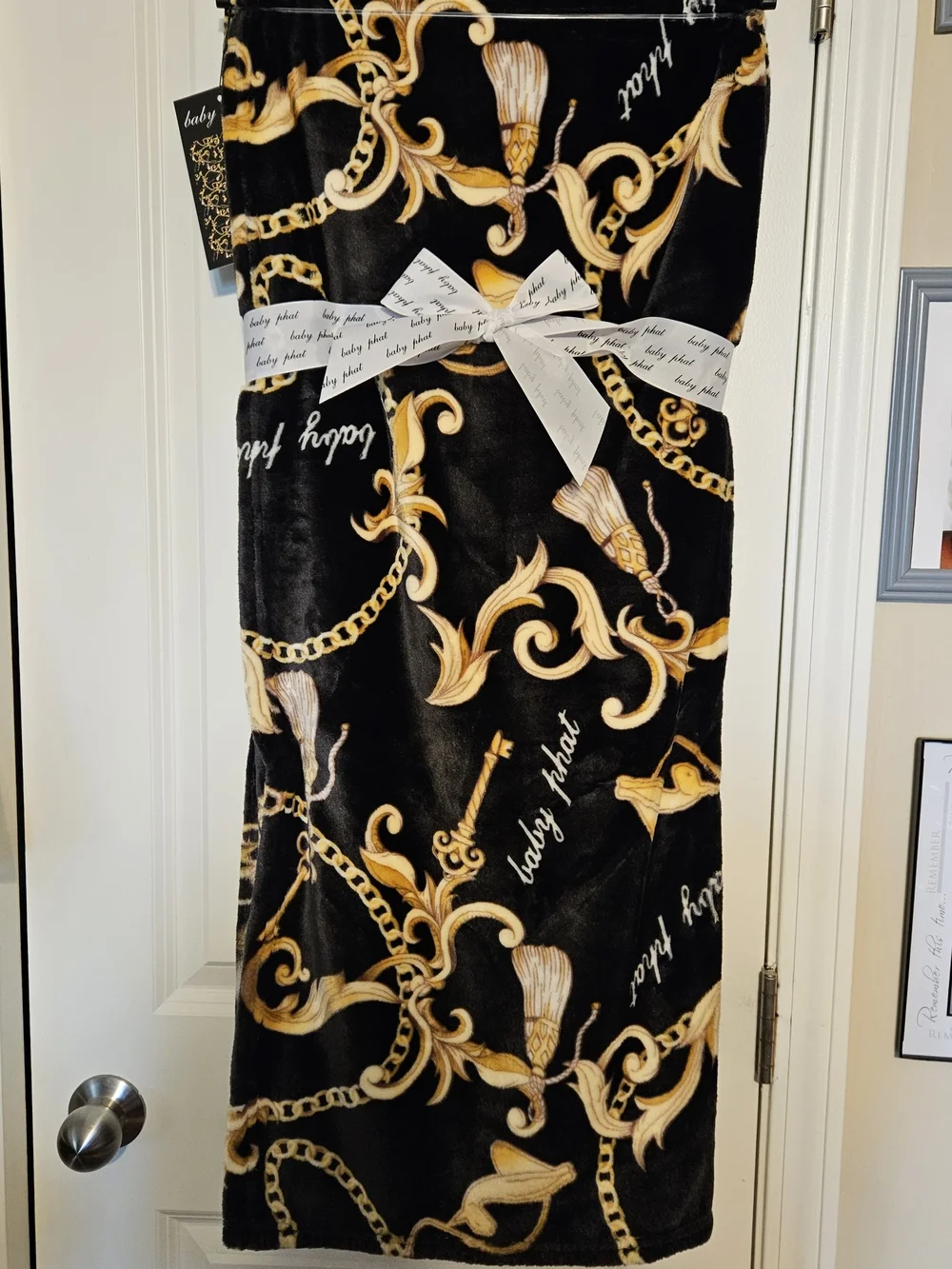 Baby Phat Black and Gold Baroque Plush Throw Blanket